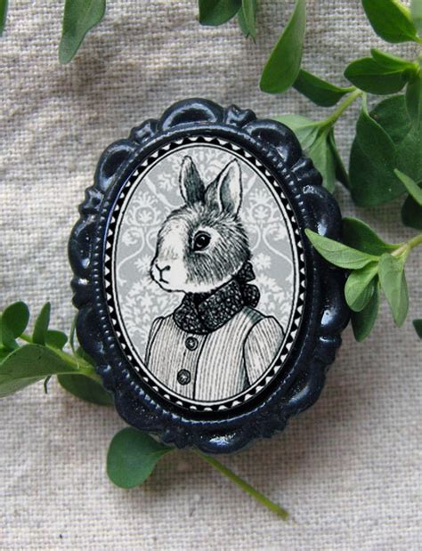 Girl Rabbit Victorian Style Brooch Black And White Bunny