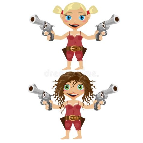 Twee Beeldverhaalmeisjes Blonde En Brunette Met Kanon Stock Illustratie Illustration Of