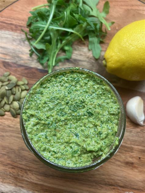 Arugula Pumpkin Seed Pesto Nut Free Dairy Free Vegan Dr Stephanie S Kitchen