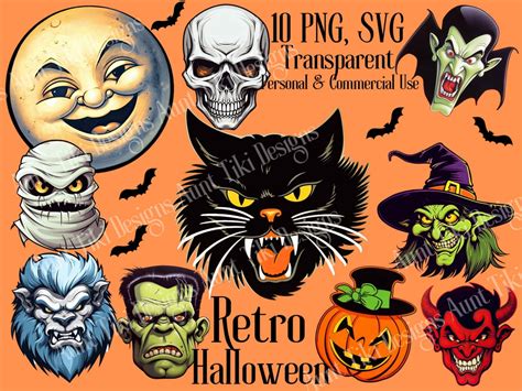 Retro Halloween Clipart Black Cat Vampire Pumpkin Werewolf Mummy