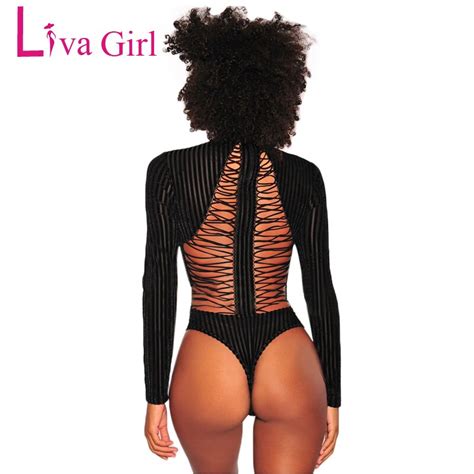 Liva Girl 2018 Black Ribbed Lace Up Back Bodysuit Women Sexy Long