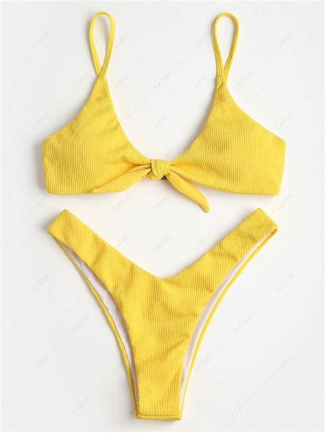 Off Knotted Ribbed High Cut Bikini Set In Yellow Zaful