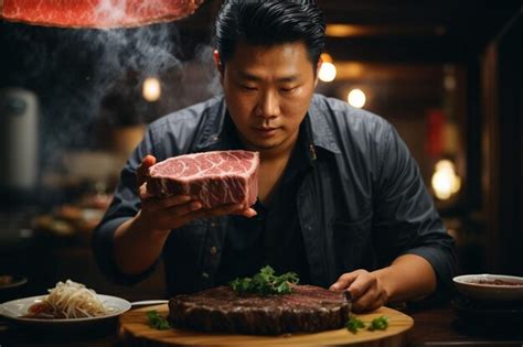 Premium Photo Man Holding Medium Rare Slice Wagyu A Beef Out From Hot Pot Shabu Ar C