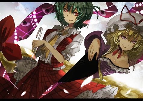 Blonde Hair Dress Fan Flowers Green Hair Hat Kazami Yuuka Purple Eyes Red Eyes Ribbons Short