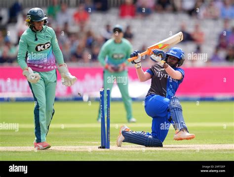 London Spirit S Sharma Deepti Is Bowled By Oval Invincibles Ryana Macdonald Gay During The