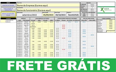 Planilha Cartão De Ponto E Controle De Horas Extras Acx07 ACX