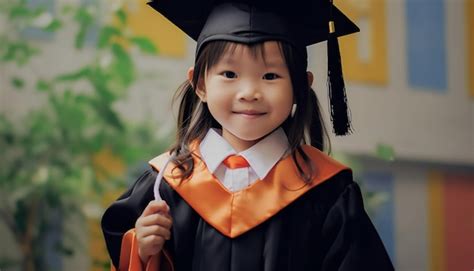 Niña asiática feliz con traje de graduación de jardín de infantes arte