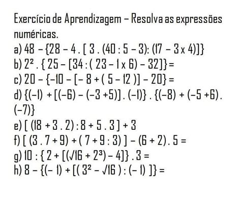 Exerc Cio De Aprendizagem Resolva As Express Es Num Ricas Por Favor