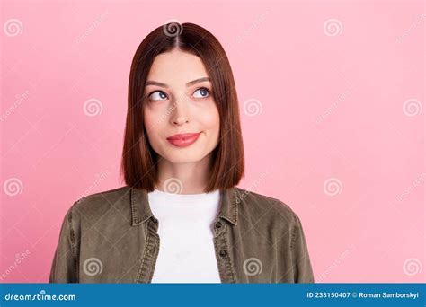 Photo Of Cute Brunette Hairdo Millennial Lady Look Empty Space Wear