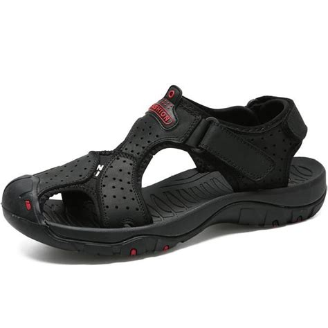 Sandales Hommes Cuir Noir A Lastique Plat Outdoor Plage Noir