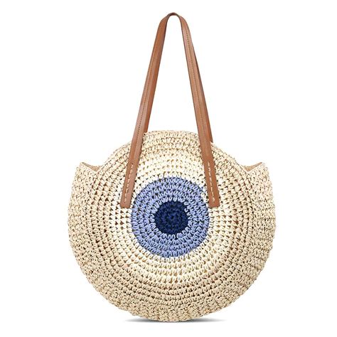 Sac Rond Paille Beige Bleu Blanc Marinera