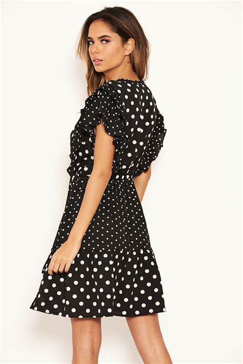 Black Mixed Polka Dot Frill Skater Dress Ax Paris