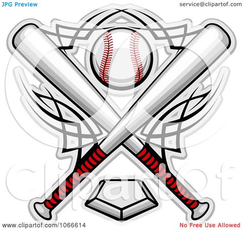 Clipart Crossed Bats And A Baseball Over A Home Plate - Royalty Free