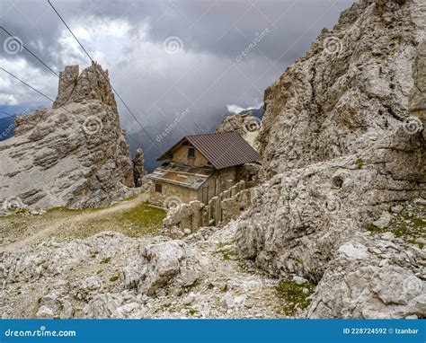 Abandoned Shelter In Tofane Dolomites Mountains Panorama Stock Photo