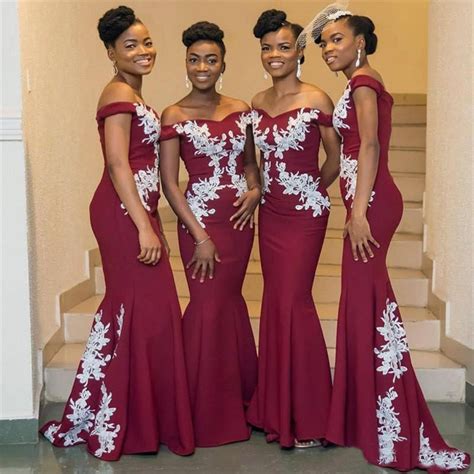 Burgundy African Bridesmaid Dresses Off Shoulder White Lace Mermaid We