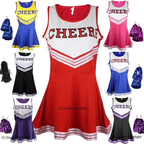 Cheerleader Fancy Dress Outfit Uniform High School Cheer Costume With Pom Poms Ebay