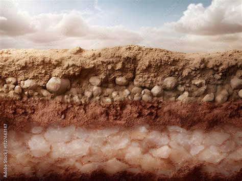 Cross section of Martian soil layers showing rocky and icy textures ...
