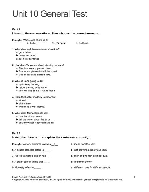 Tn2 U10 Assessment Top Notch 2 Level B1 Unit 10 General Test Part