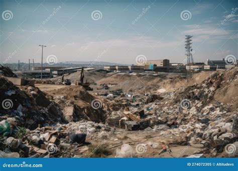 Landfill Landscape With Trash Piles Bulldozer And Garbage Truck