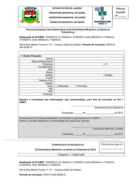 Ficha de inscrição observador XI Conferência Municipal de Saúde de