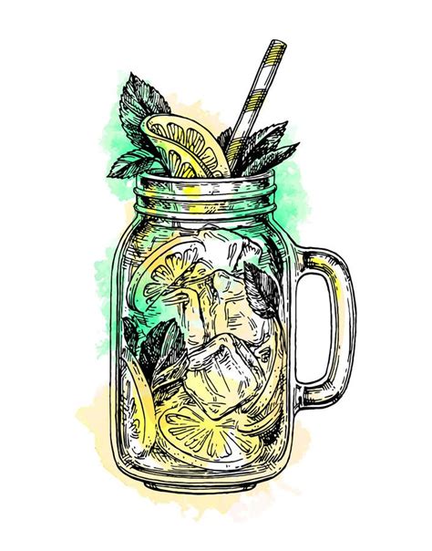 Lemonade In Mason Jar Mug With Drinking Straw And Lemon Wedge