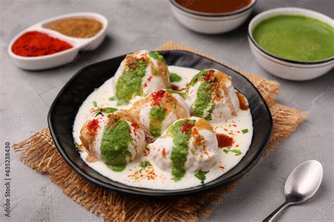 Indian Street Food Dahi Vada Dahi Bhalla With Green Chutney Tamarind