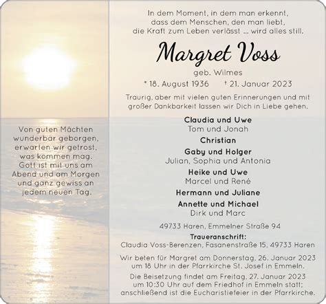 Traueranzeigen Von Margret Voss Noz Trauerportal