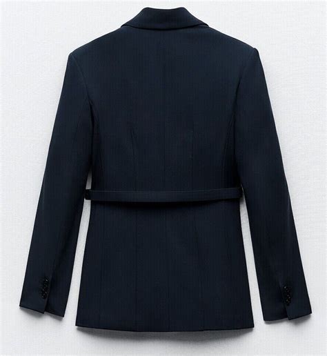 Zara Woman Padded Shoulders Fitted Blazer With Belt Navy Blue