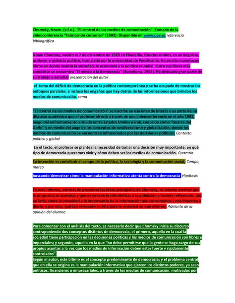 El Control De Los Medios De Comunicacion Chomsky Noam S F