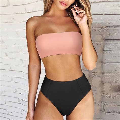 Solid Swimsuit Women Sexy Bandeau Bathing Suit Push Up Bikini Set High Waist Beachwear