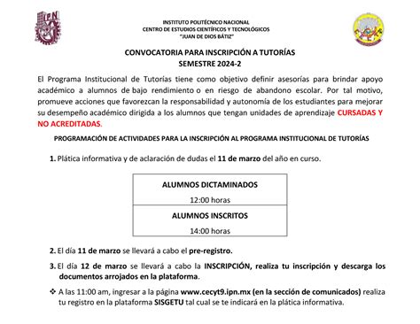 Convocatoria Tutorias 2024 2 INSTITUTO POLITÉCNICO NACIONAL CENTRO DE