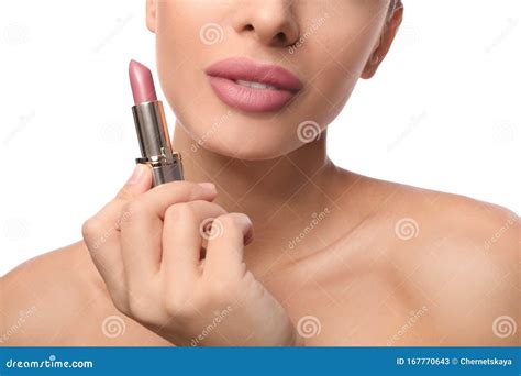 Woman With Pink Lipstick On White Background Stock Image Image Of