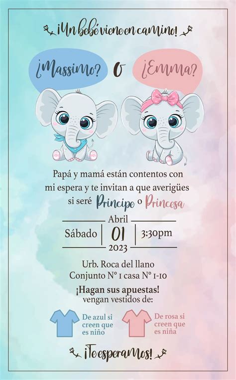 Invitación digital de Revelación de género con elefantes y burbujas de