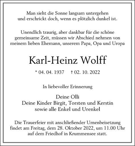 Traueranzeigen Von Karl Heinz Wolff Trauer Anzeigen De