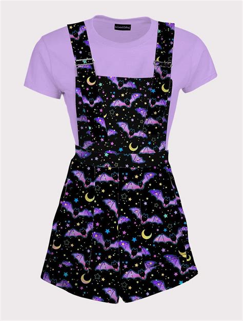 Spooky Cute Bat Print Overalls Pastel Goth Overall Shorts Pastel