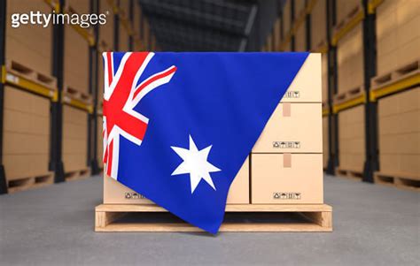 Crate Boxes On Wooden Pallets With Australia Flag Cartons Cardboard