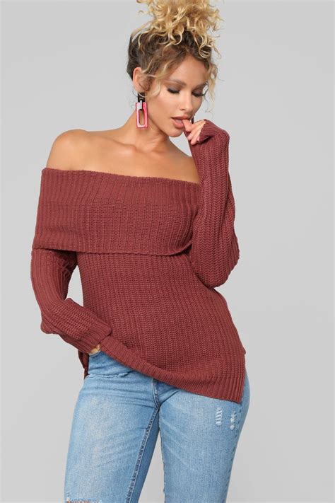 Jane Off Shoulder Sweater Burgundy Fashion Nova Stile