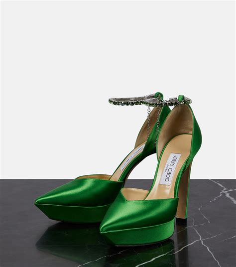 Saeda 125 Embellished Satin Platform Pumps In Green Jimmy Choo