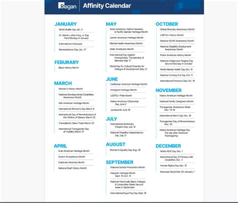 Printable Affinity Calendar Keep Track Of Heritage And Awareness