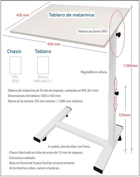 Mesa Auxiliar Regulable En Altura Con Base En Forma De H Y Con Ruedas