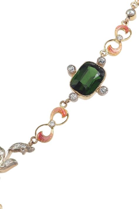 Um 1900 15 Ct Goldcollier Mit Turmalinen Diamanten Perlen