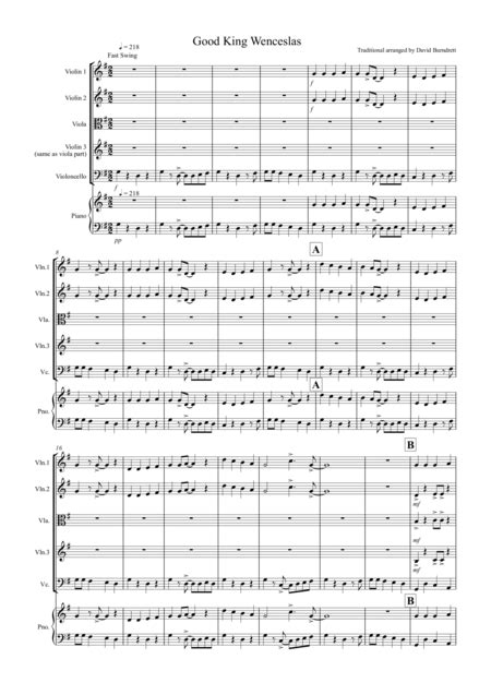 Good King Wenceslas Jazzy Style For String Quartet Arr David