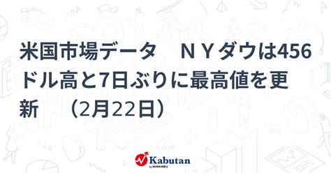 米国市場データ Nyダウは456ドル高と7日ぶりに最高値を更新 （2月22日） 市況 株探ニュース