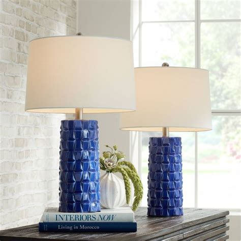 360 Lighting Rico 24 1 2 High Column Mid Century Modern Table Lamps Set Of 2 Blue Ceramic White