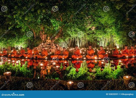 Visakha Puja Day Vesak Buddhist Monk Fire Candles And Pray To The Buddha In Chiang Mai Thailand