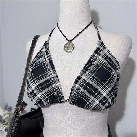 Black And White Plaid Halter Bikini Top No Flaws Depop