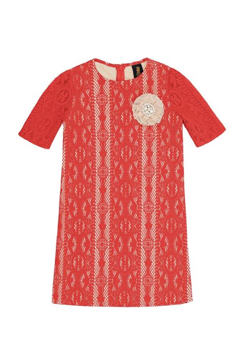 Coral Red Crochet Lace Elbow Sleeve Party Shift Mother Daughter Dress