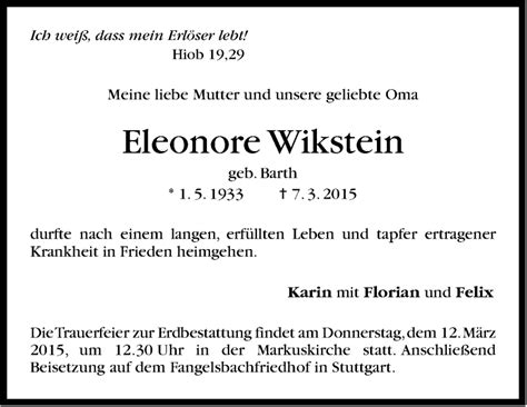 Traueranzeigen Von Eleonore Wikstein Stuttgart Gedenkt De