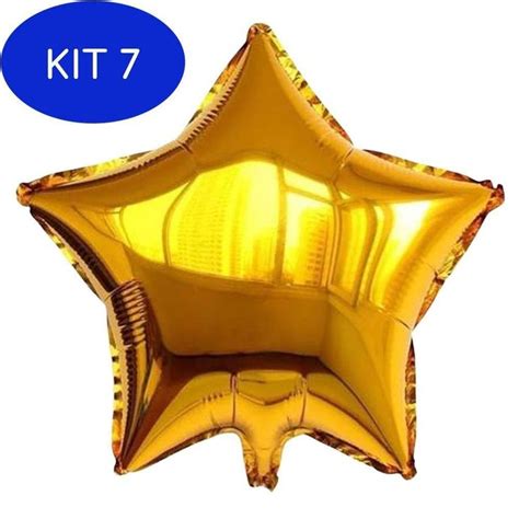 Kit 7 Balão Metalizado Forma Estrela Festa Namorados 46Cm Dourado