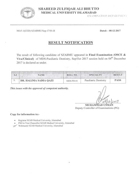 Result Notification Final Examination Osce And Viva Clinical